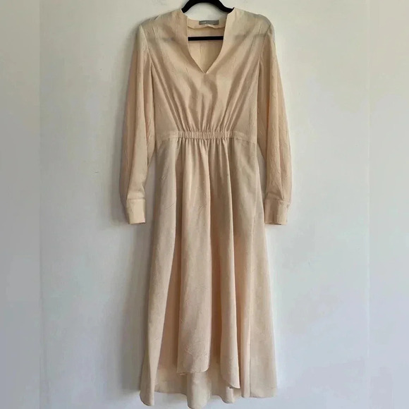 Vince Poet Long Sleeve Dress in Sandalwood Beige Textured Sheer Asymmetrical Hem - Picture 5 of 16